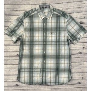 LACOSTE Mens Button Up Shirt Sz 42 M Slim Fit Plaid Tartan Short Sleeve Logo